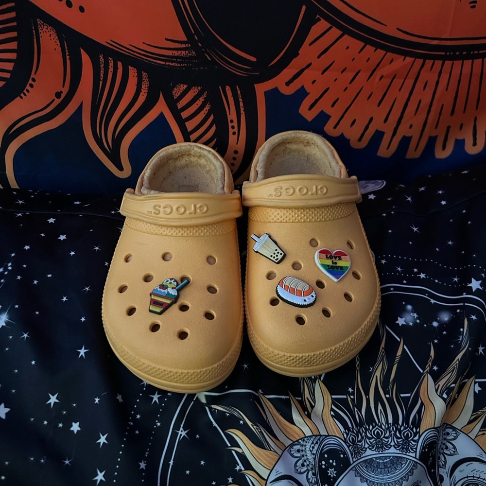 Orange fur lined crocs